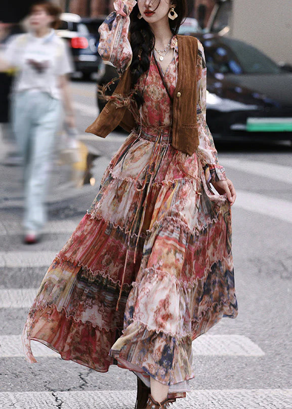 Italian Ruffled Print Lace Up Chiffon Maxi Dress Fall - Image 3