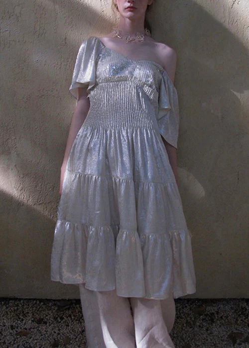 Italian Silver Sequins Ruffled Chiffon Long Dress Butterfly Sleeve - Image 2