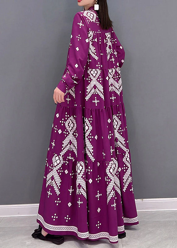 Italian Stand Collar Print Patchwork Button Wrinkled Dress Long Sleeve - Image 4