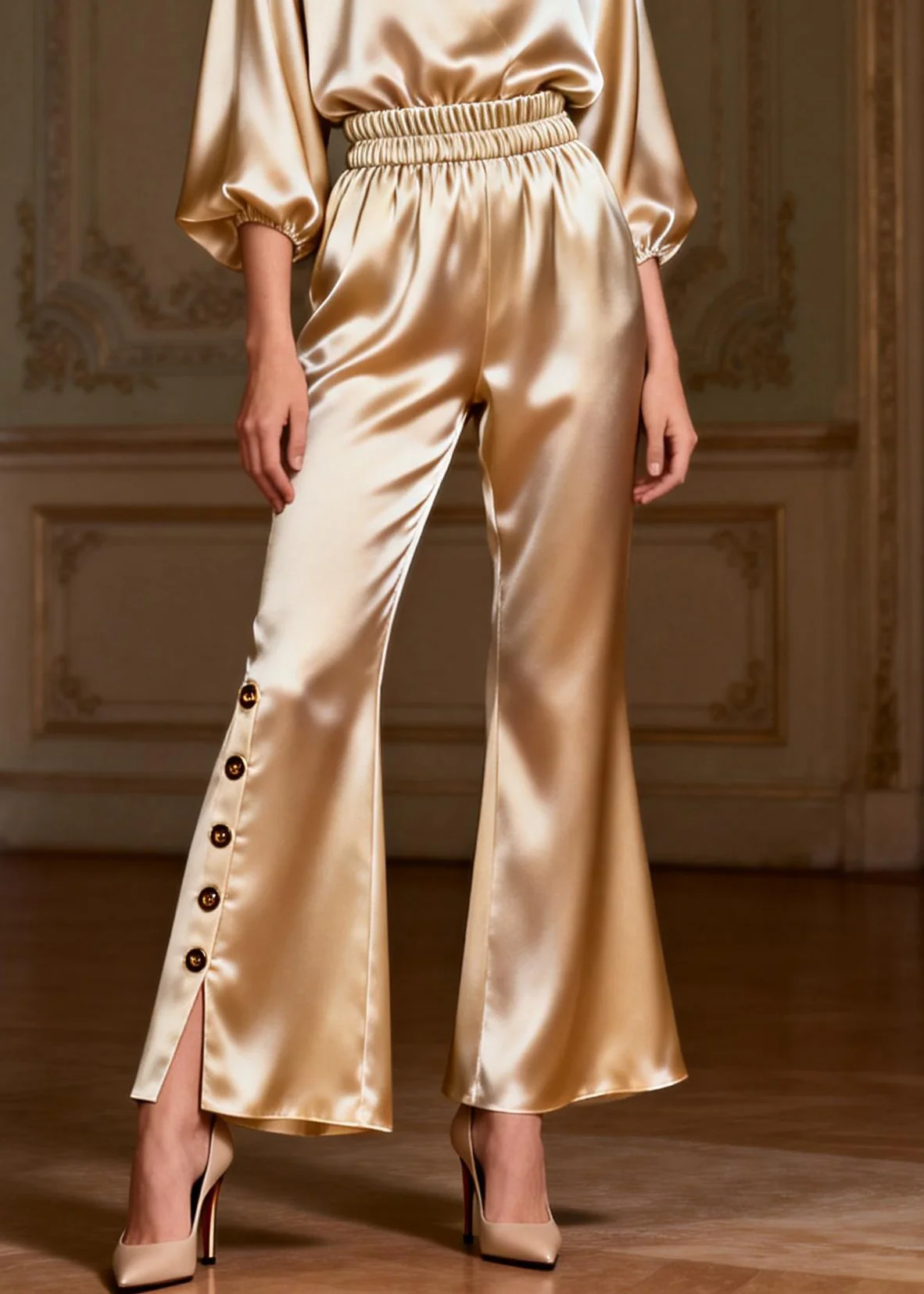 Italian V Neck Button Elastic Waist Silk Two Pieces Set Bracelet Sleeve - Image 4