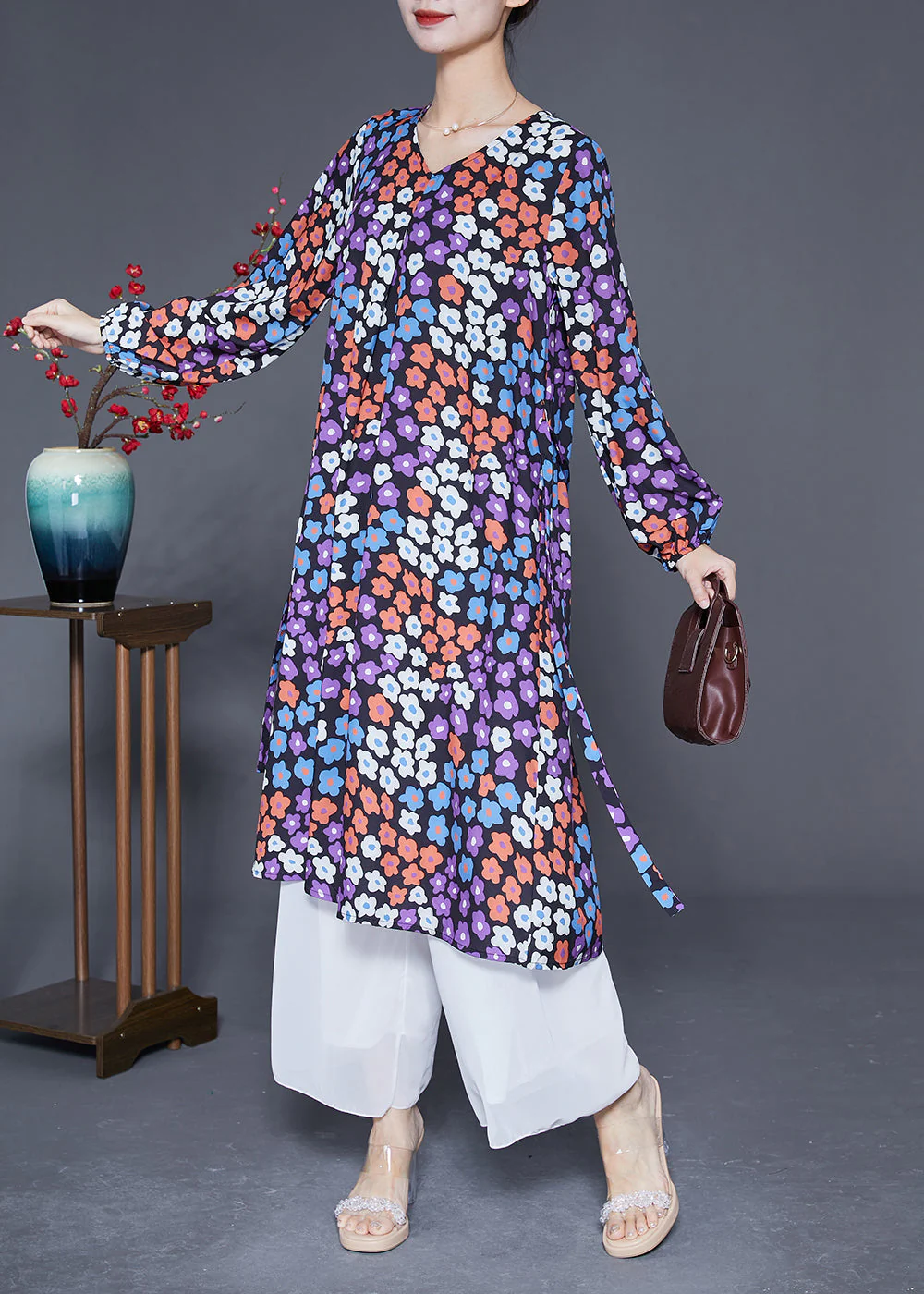Italian V Neck Floral Print Silk Cinched Dresses Long Sleeve - Image 3