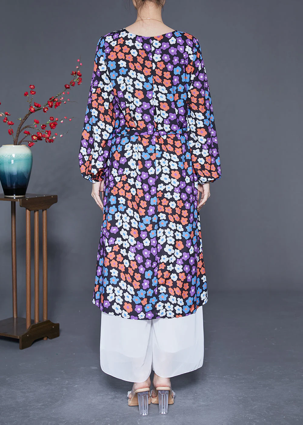 Italian V Neck Floral Print Silk Cinched Dresses Long Sleeve - Image 4