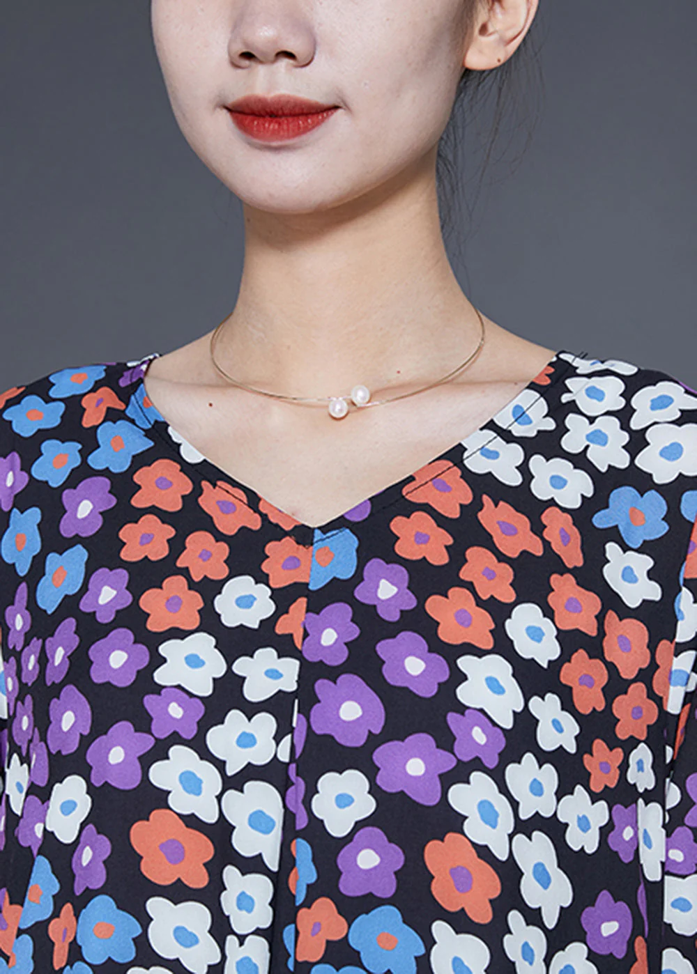 Italian V Neck Floral Print Silk Cinched Dresses Long Sleeve - Image 5
