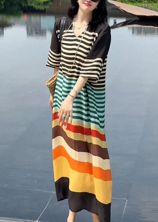 Italian V Neck Rainbow Striped Silk Dress Summer - Image 2
