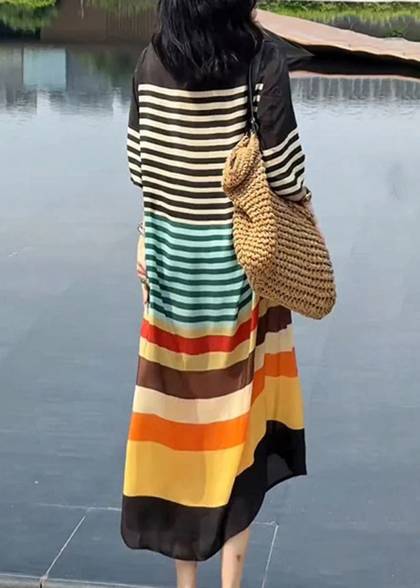 Italian V Neck Rainbow Striped Silk Dress Summer - Image 3