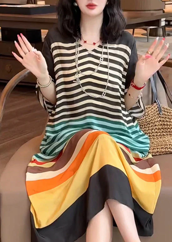 Italian V Neck Rainbow Striped Silk Dress Summer - Image 4