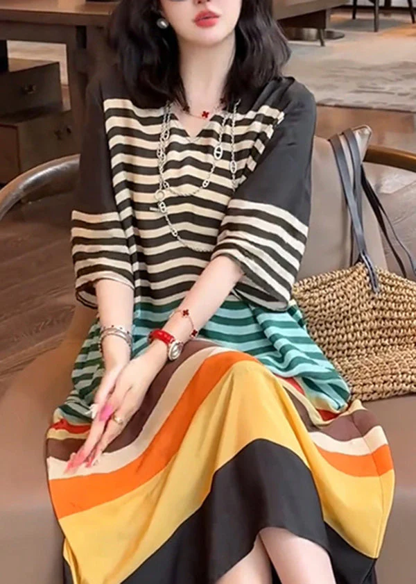 Italian V Neck Rainbow Striped Silk Dress Summer - Image 5