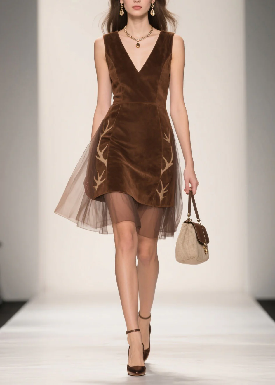 Italian V Neck Tulle Patchwork Velour Dresses Sleeveless - Image 3