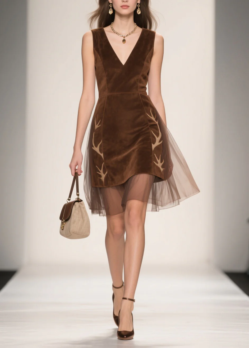 Italian V Neck Tulle Patchwork Velour Dresses Sleeveless - Image 5