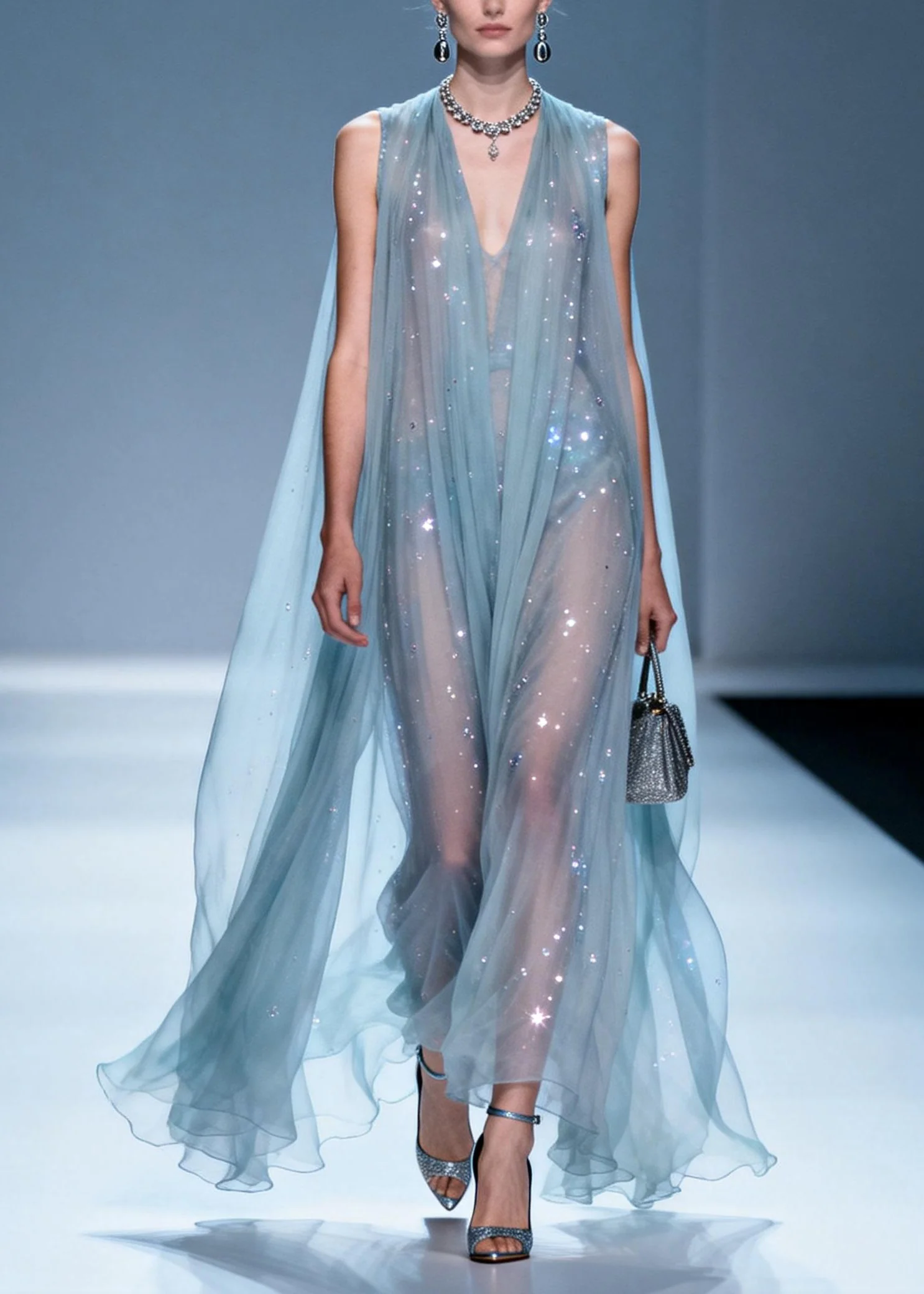 Italian V Neck Zircon Patchwork Chiffon Dress Sleeveless