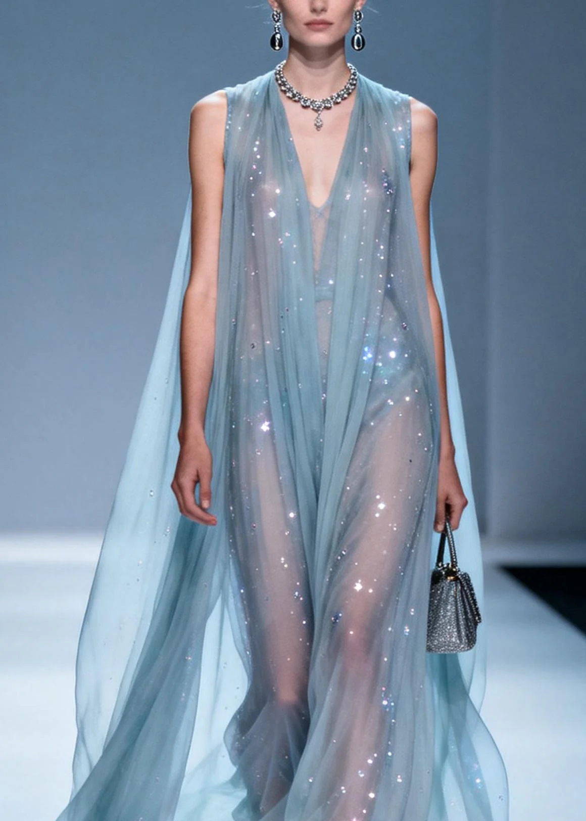Italian V Neck Zircon Patchwork Chiffon Dress Sleeveless - Image 2