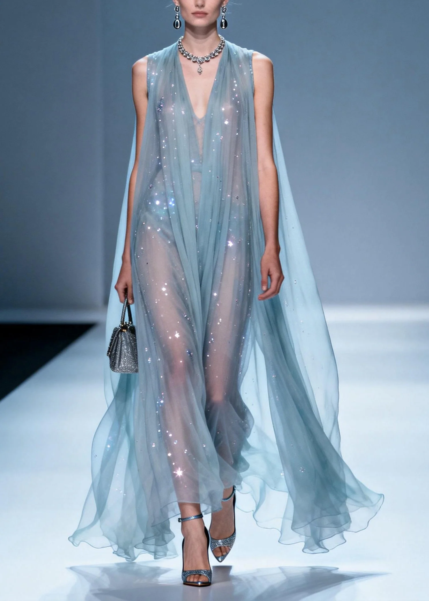 Italian V Neck Zircon Patchwork Chiffon Dress Sleeveless - Image 3