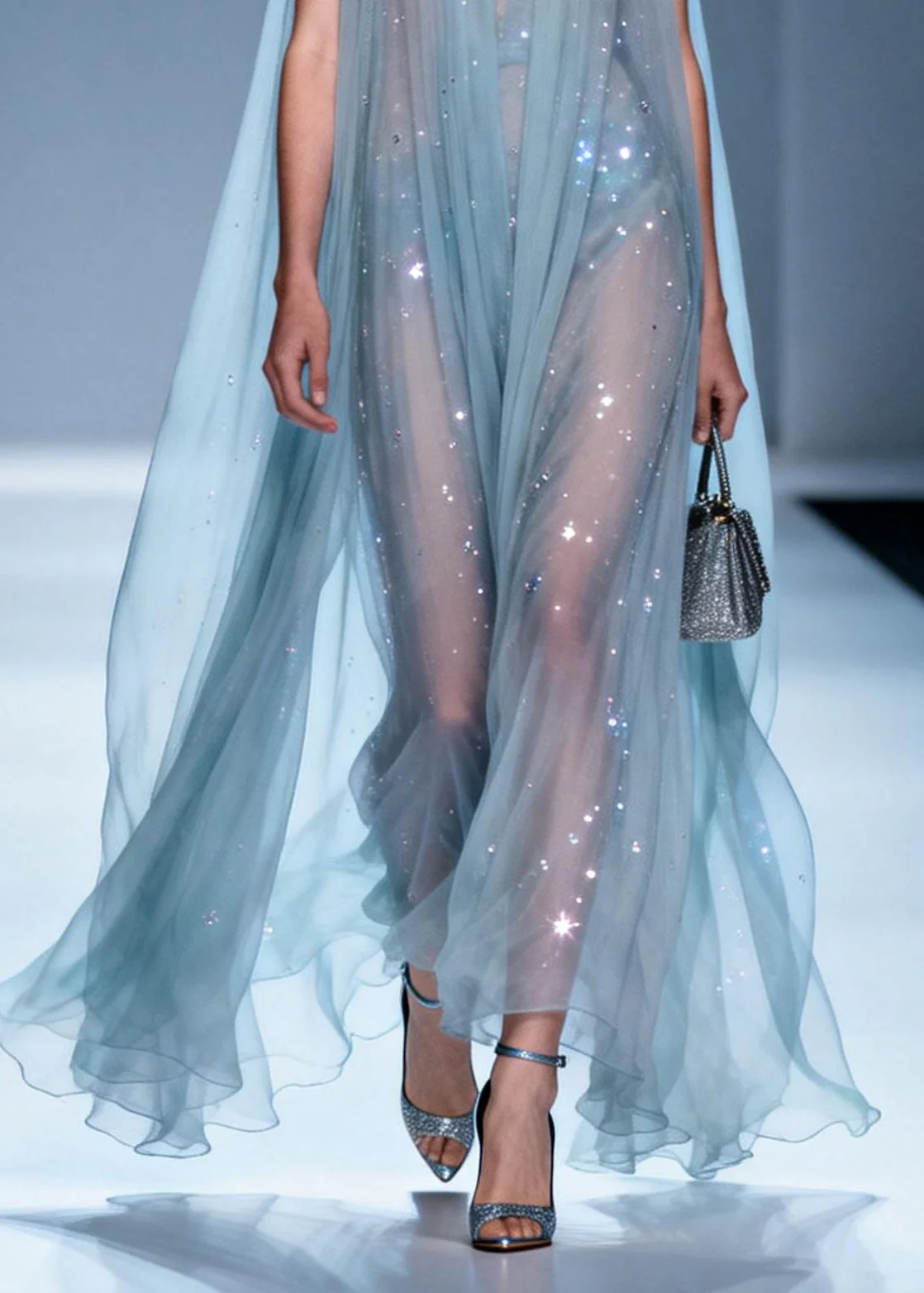 Italian V Neck Zircon Patchwork Chiffon Dress Sleeveless - Image 4