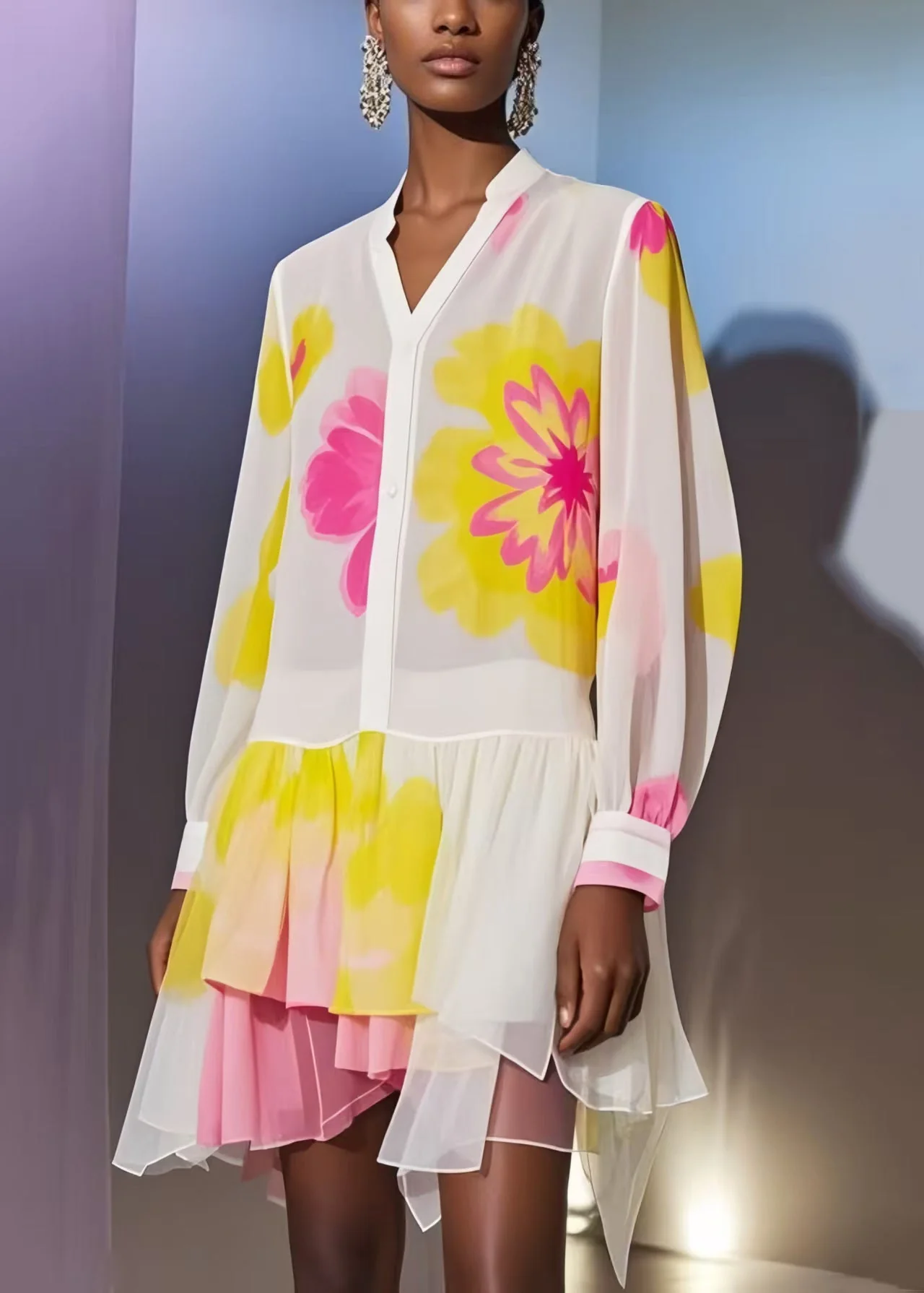 Italian White Asymmetrical Print Chiffon Beach Dress Summer - Image 3