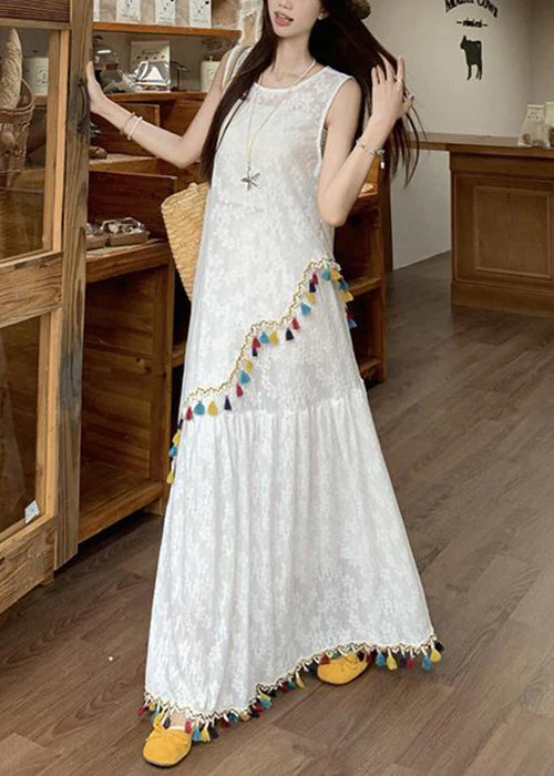 Italian White Asymmetrical Tasseled Tops And Skirts Two Pieces Set Sleeveless - Image 4