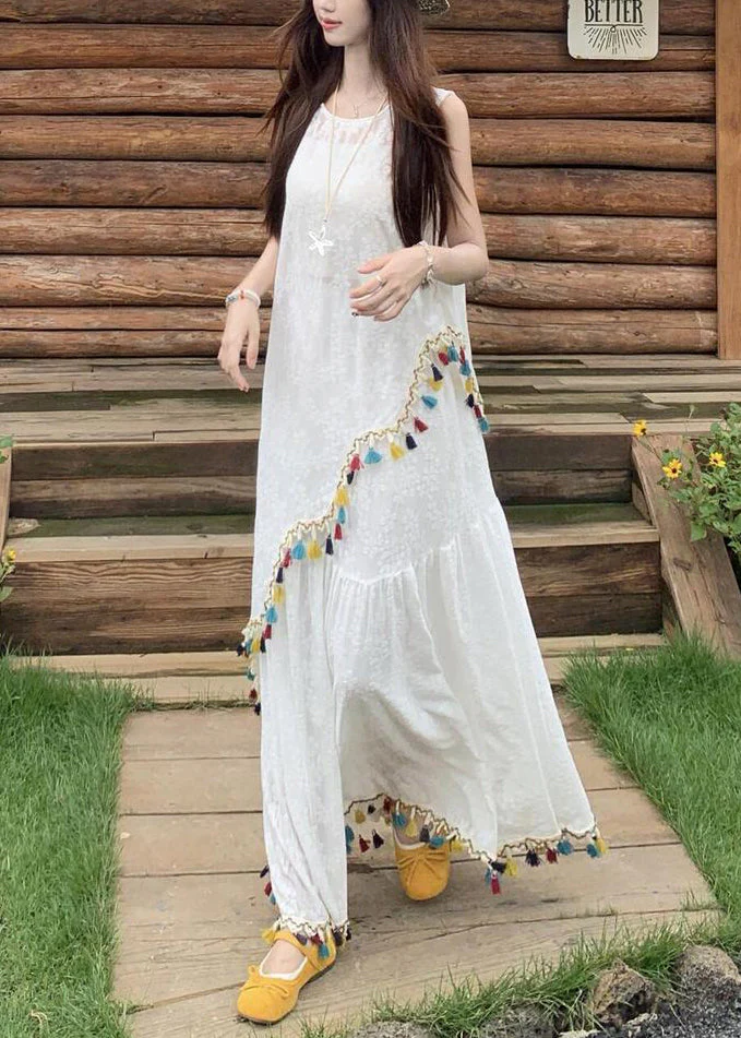 Italian White Asymmetrical Tasseled Tops And Skirts Two Pieces Set Sleeveless - Image 5