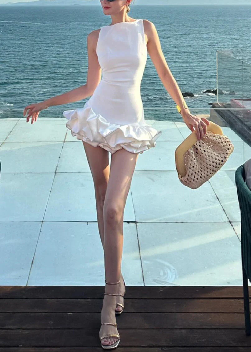 Italian White Backless Solid Cotton Party Dress Sleeveless - Image 2