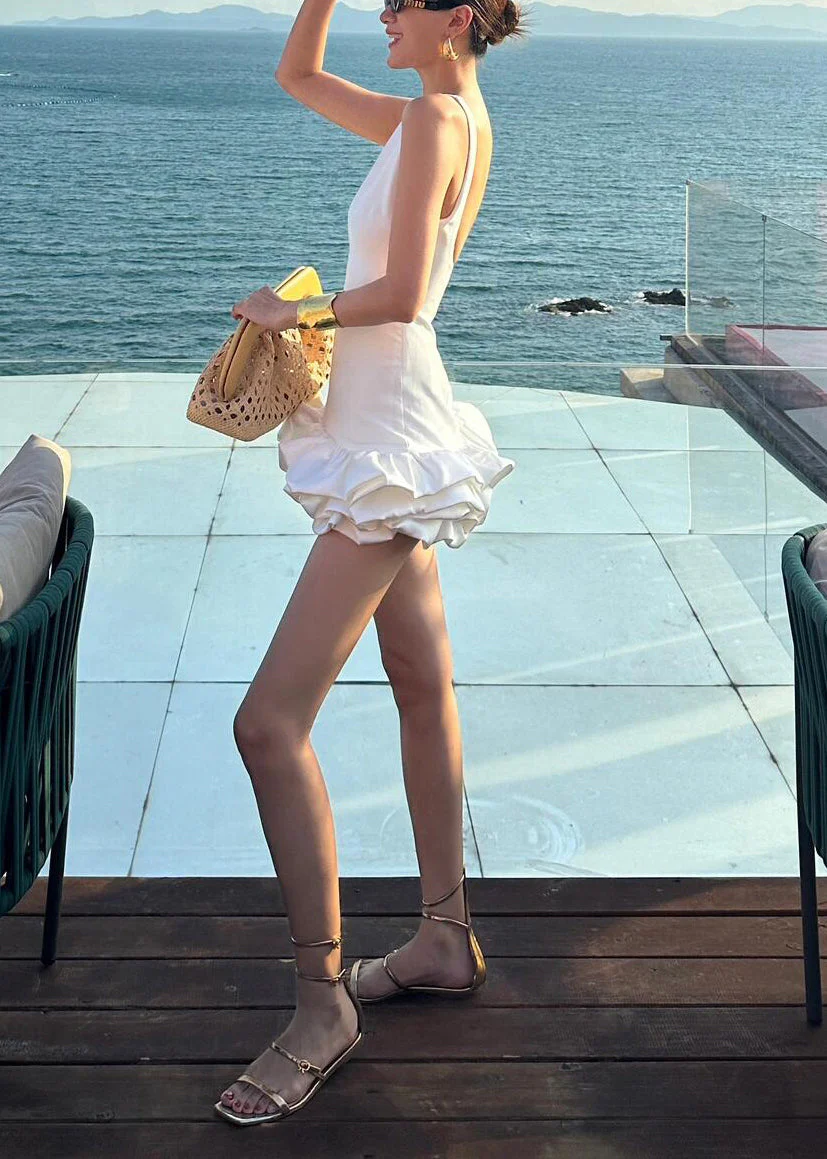 Italian White Backless Solid Cotton Party Dress Sleeveless - Image 3