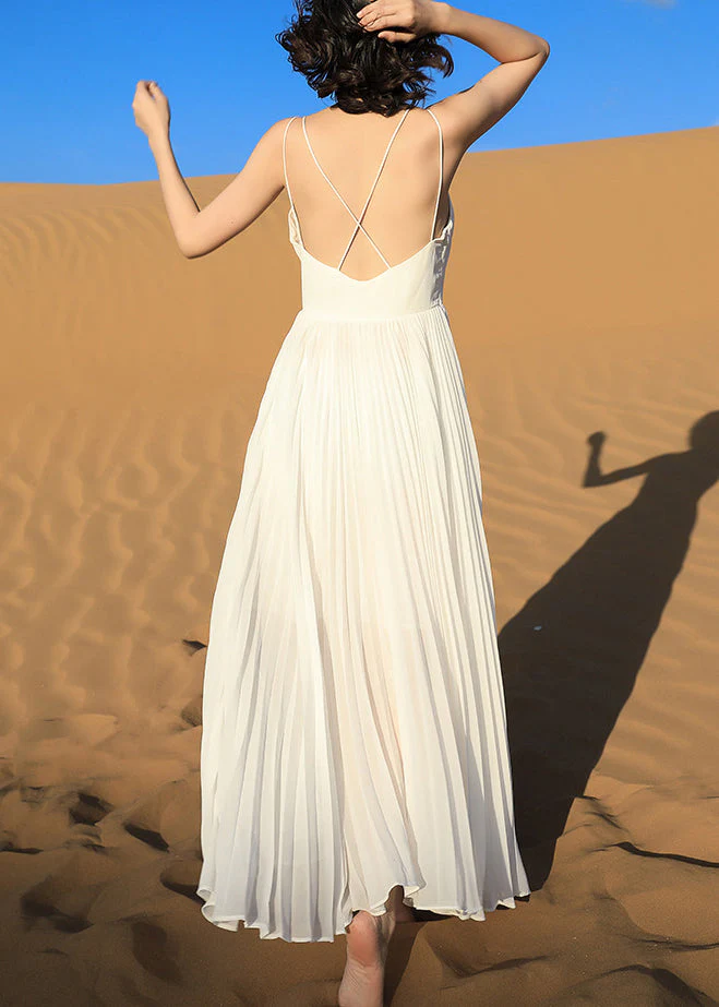 Italian White Backless Wrinkled Chiffon Spaghetti Strap Dress Sleeveless