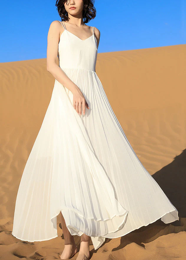 Italian White Backless Wrinkled Chiffon Spaghetti Strap Dress Sleeveless - Image 2