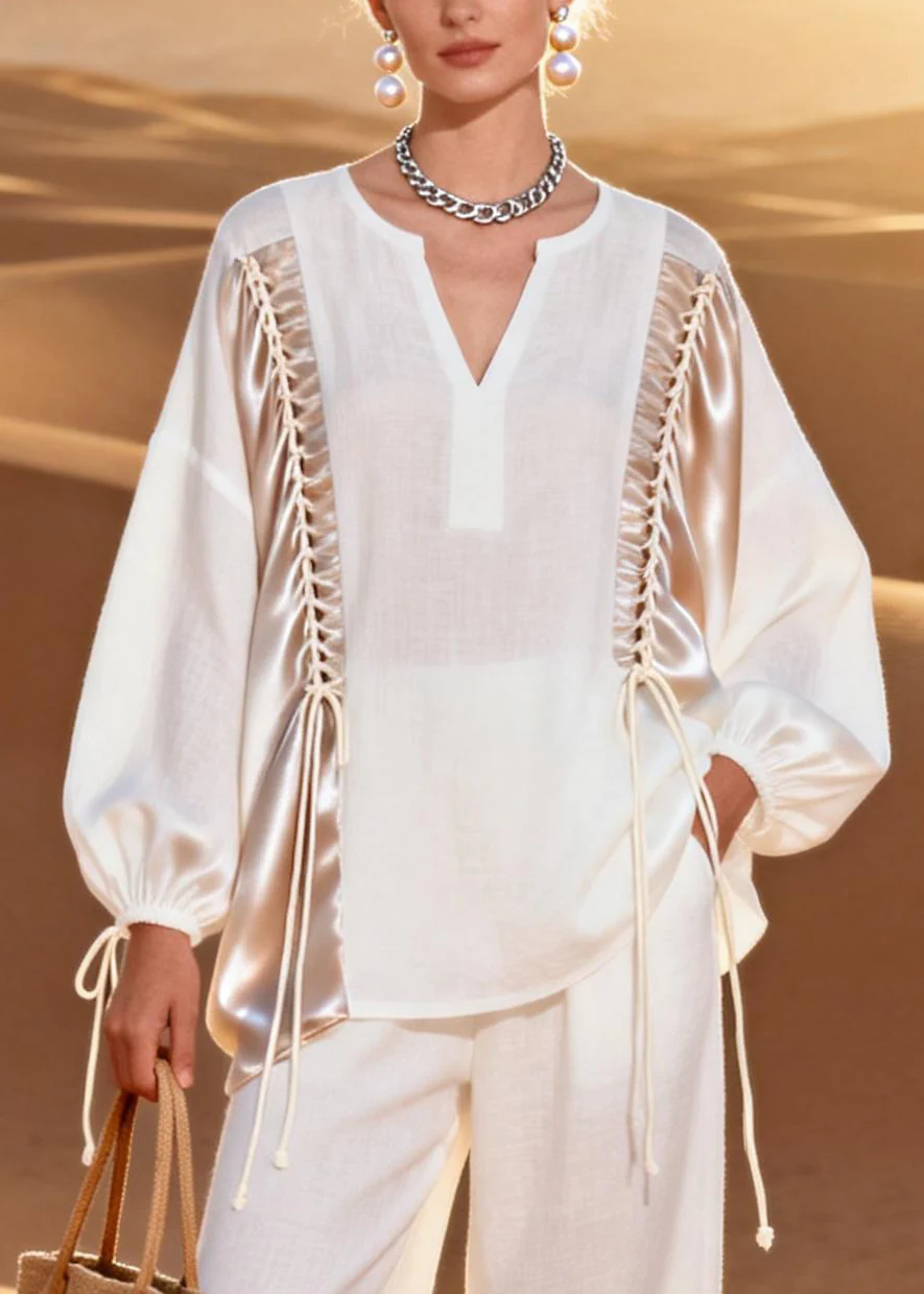 Italian White Cinched Pockets Silk Patchwork Two Pieces Set Spring - Image 2