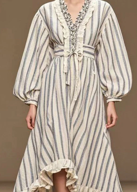 Italian White Cinched Striped Silk Velvet Long Dress Fall - Image 2