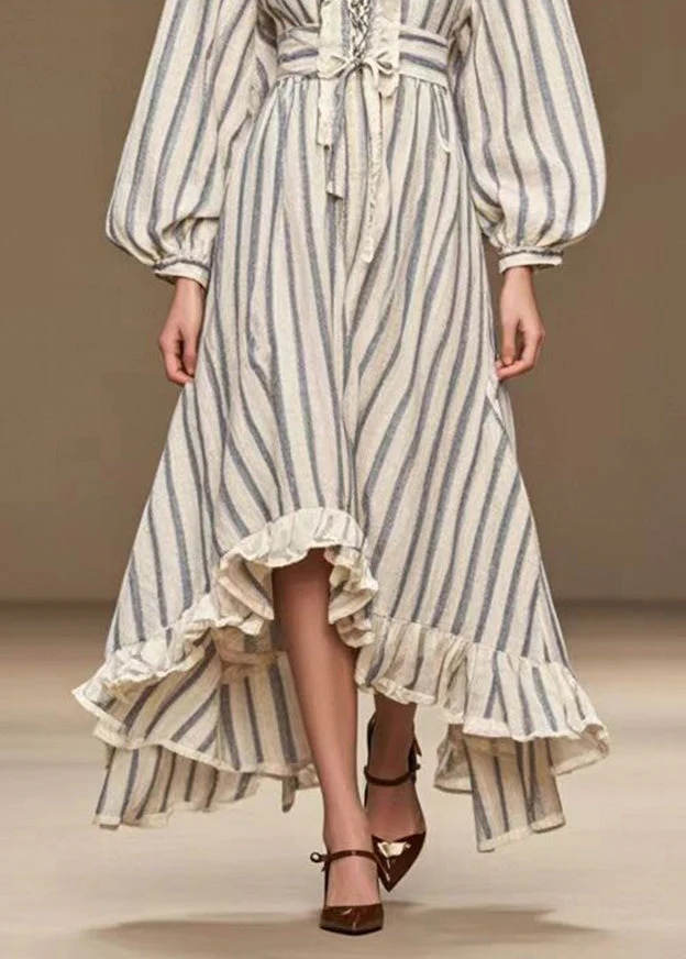 Italian White Cinched Striped Silk Velvet Long Dress Fall - Image 3