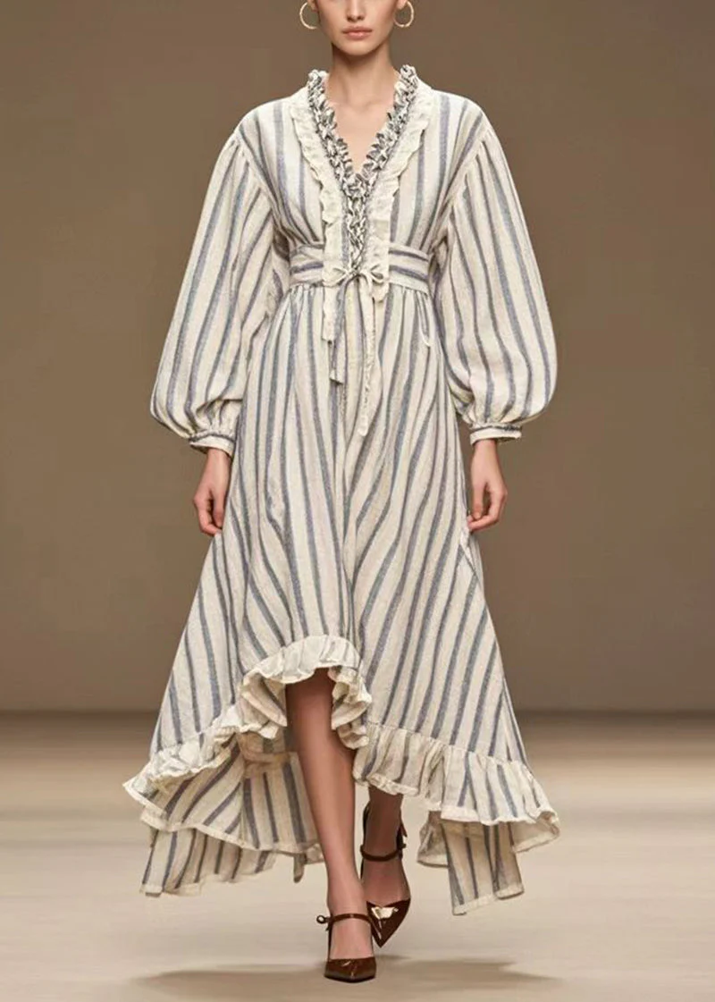 Italian White Cinched Striped Silk Velvet Long Dress Fall - Image 4