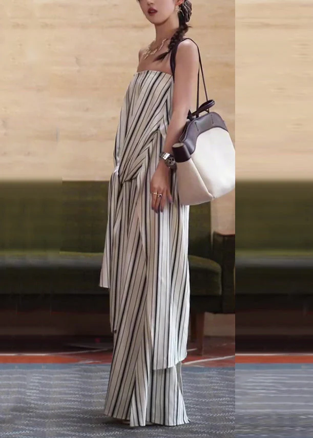 Italian White Cold Shoulder Striped Tie Waist Cotton Ankle Dress Sleeveless - Image 3