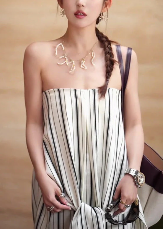 Italian White Cold Shoulder Striped Tie Waist Cotton Ankle Dress Sleeveless - Image 4