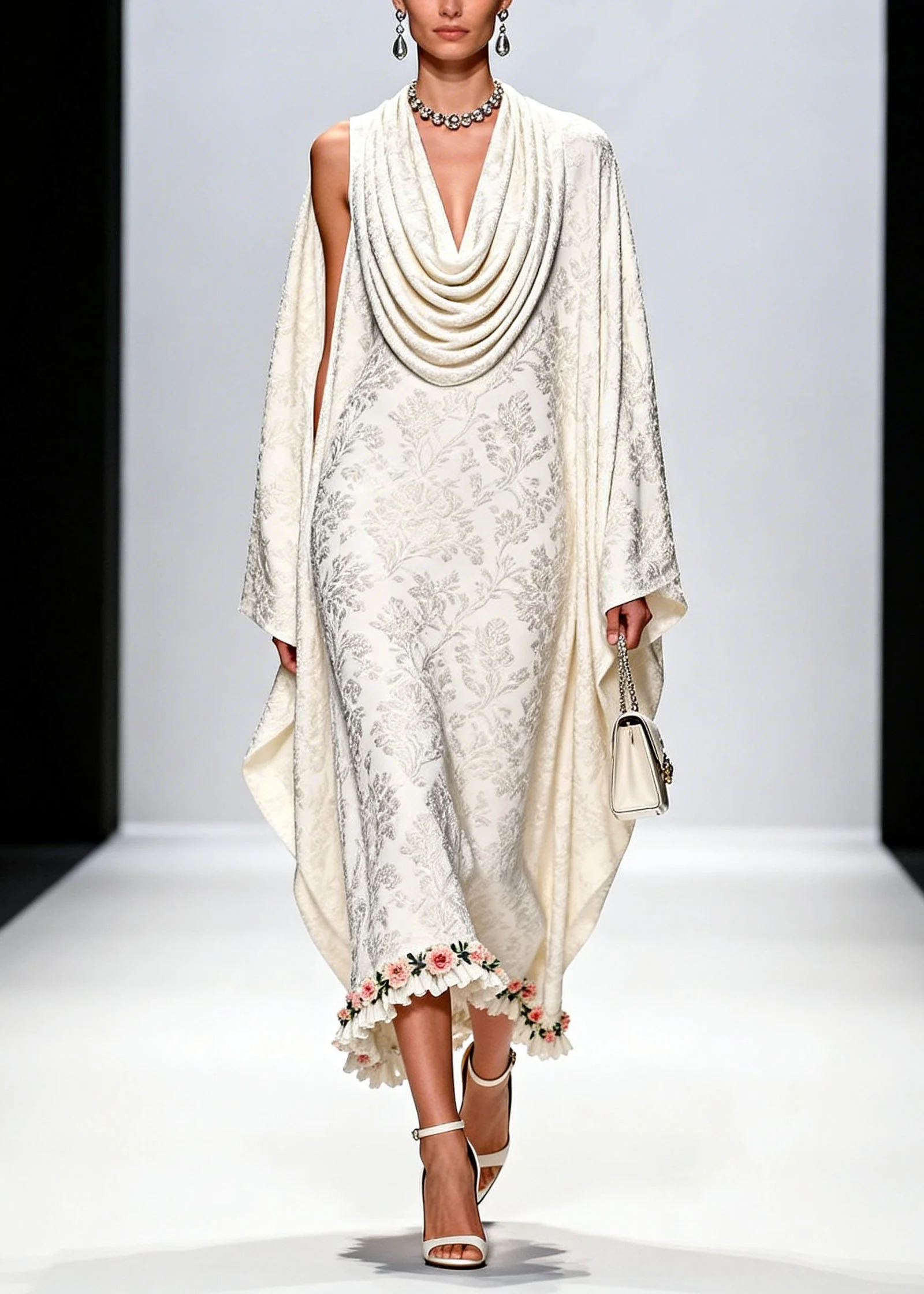 Italian White Draped Neckline Print Ruffled Floral Silk Dress Fall - Image 3