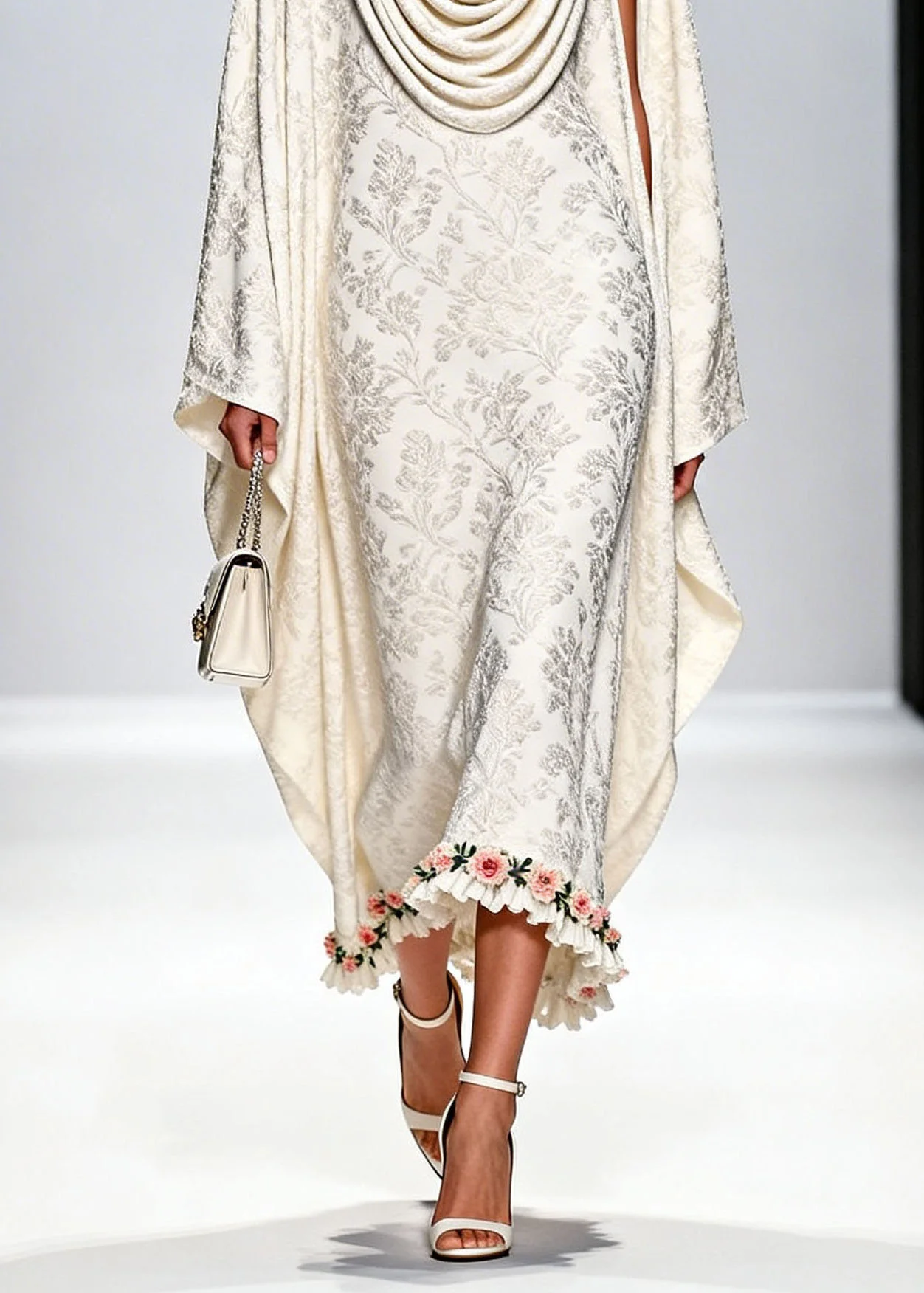 Italian White Draped Neckline Print Ruffled Floral Silk Dress Fall - Image 4