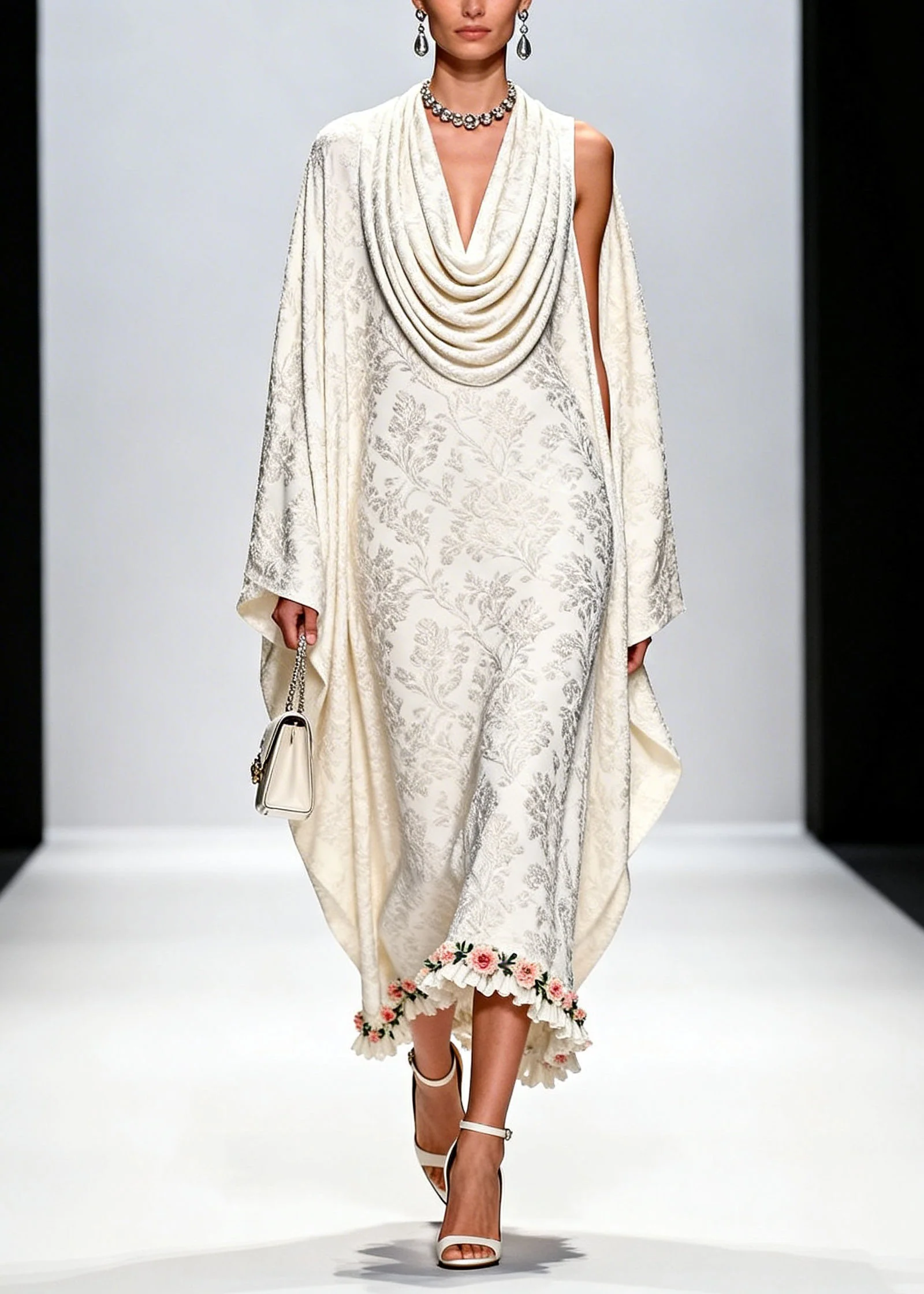 Italian White Draped Neckline Print Ruffled Floral Silk Dress Fall - Image 5