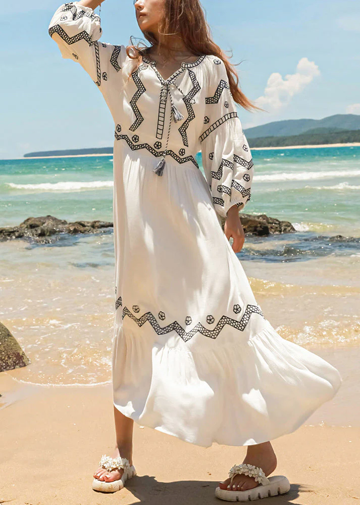 Italian White Embroidered Lace Up Cotton Long Dresses Fall - Image 2
