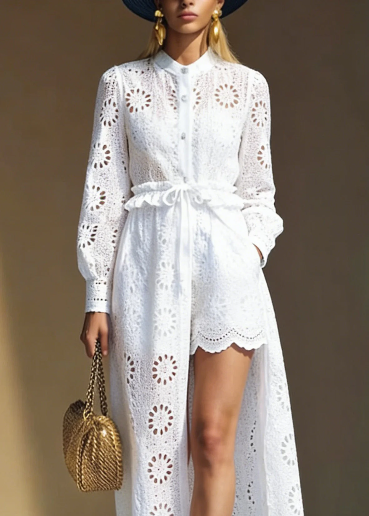 Italian White Hollow Out Cardigans And Shorts Cotton Two Pieces Set Spring - Image 2