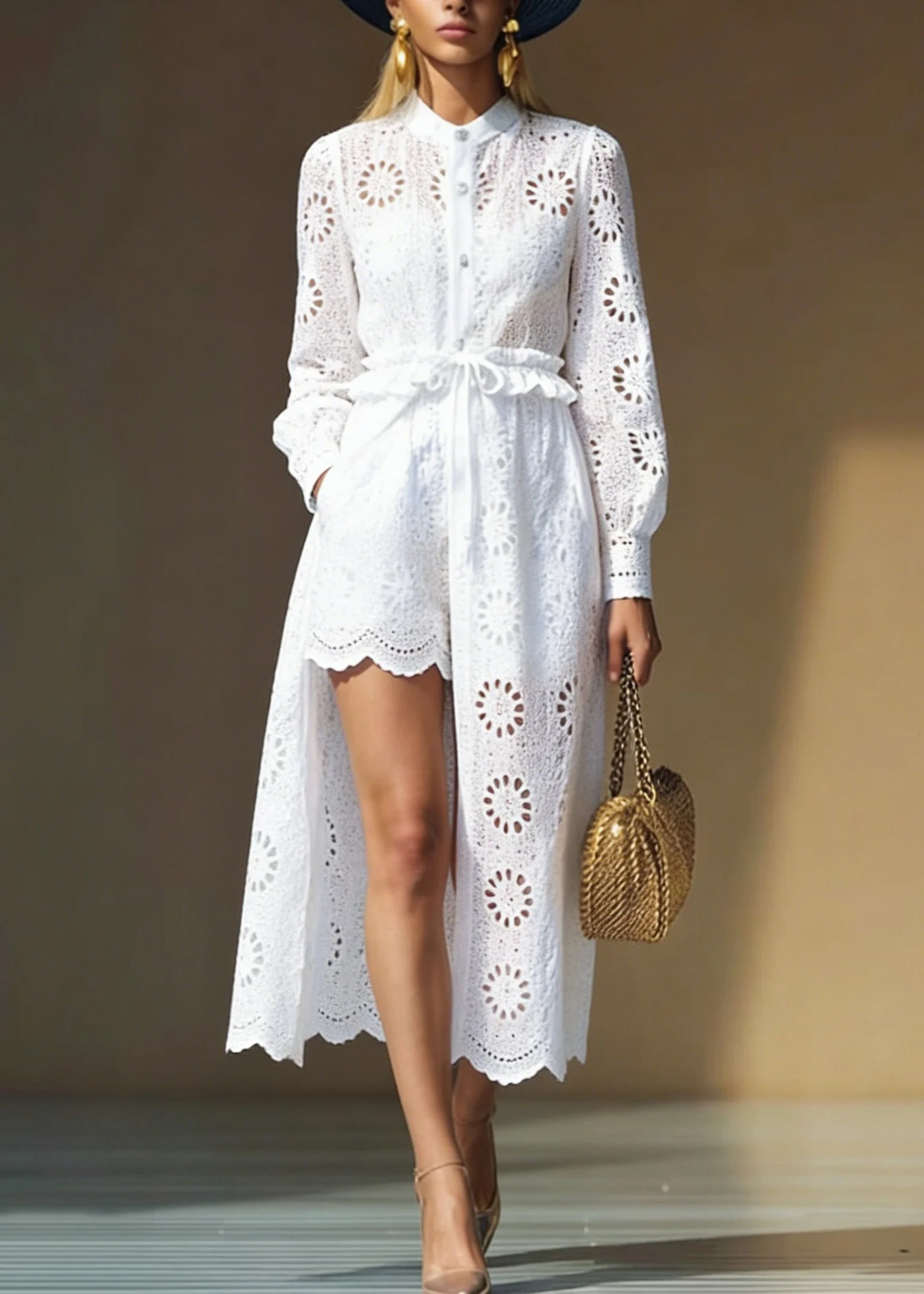 Italian White Hollow Out Cardigans And Shorts Cotton Two Pieces Set Spring - Image 3