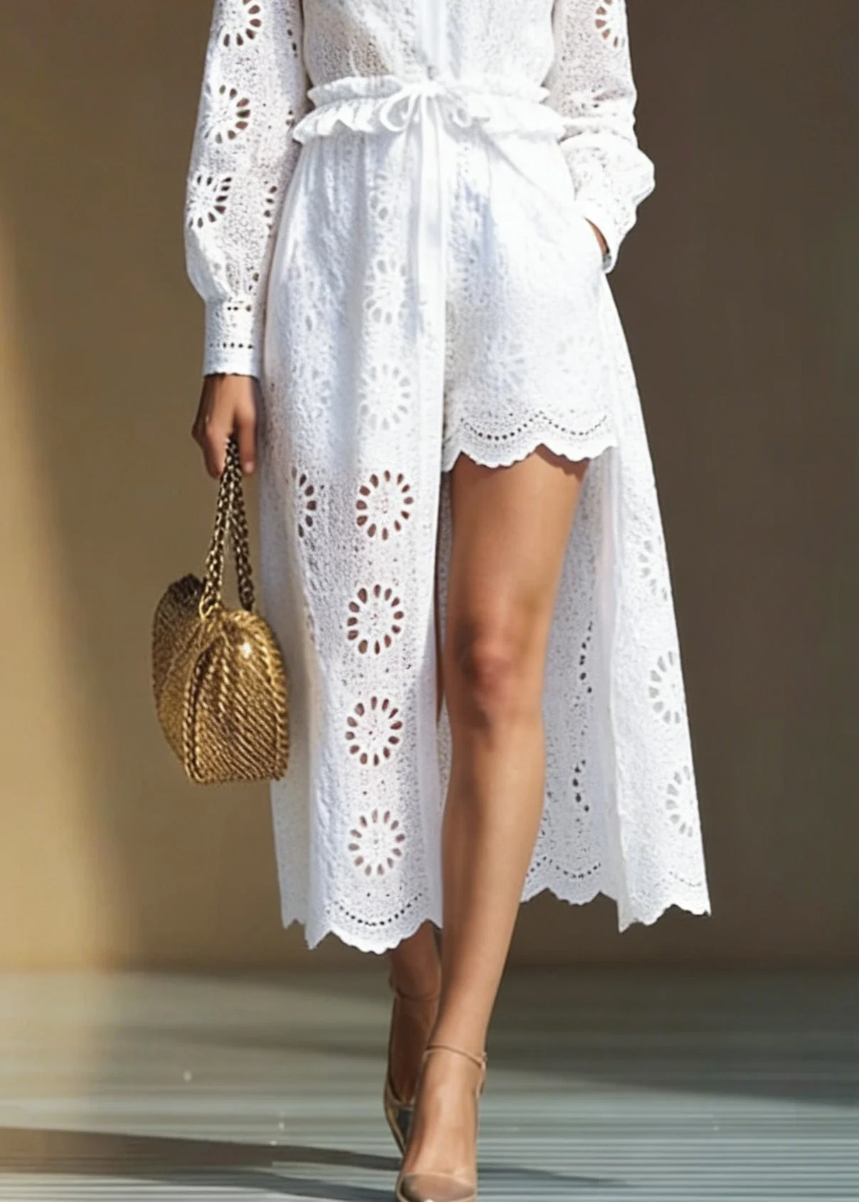Italian White Hollow Out Cardigans And Shorts Cotton Two Pieces Set Spring - Image 4