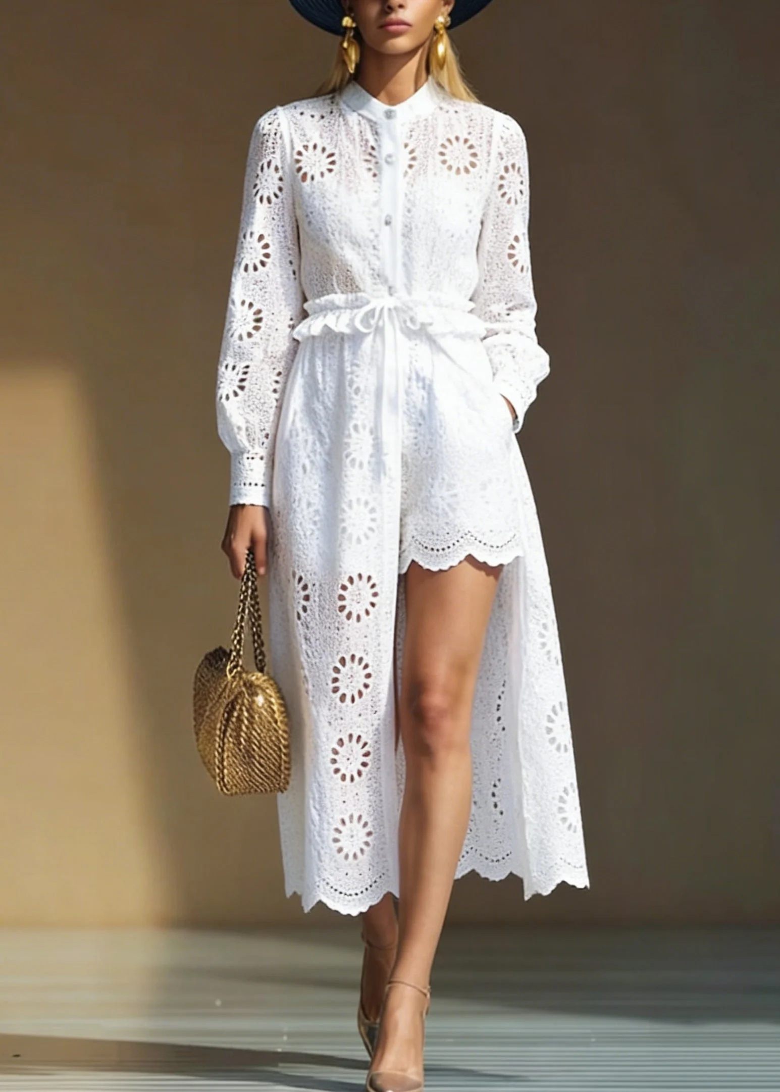 Italian White Hollow Out Cardigans And Shorts Cotton Two Pieces Set Spring - Image 5