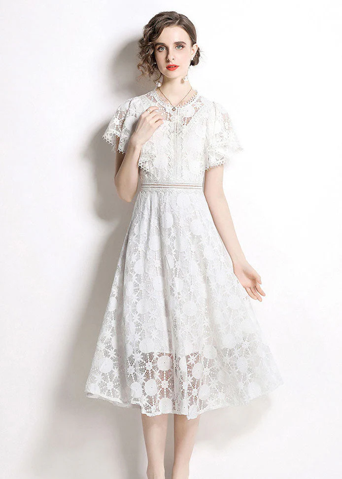 Italian White Hollow Out Embroideried Lace Dress Butterfly Sleeve - Image 2