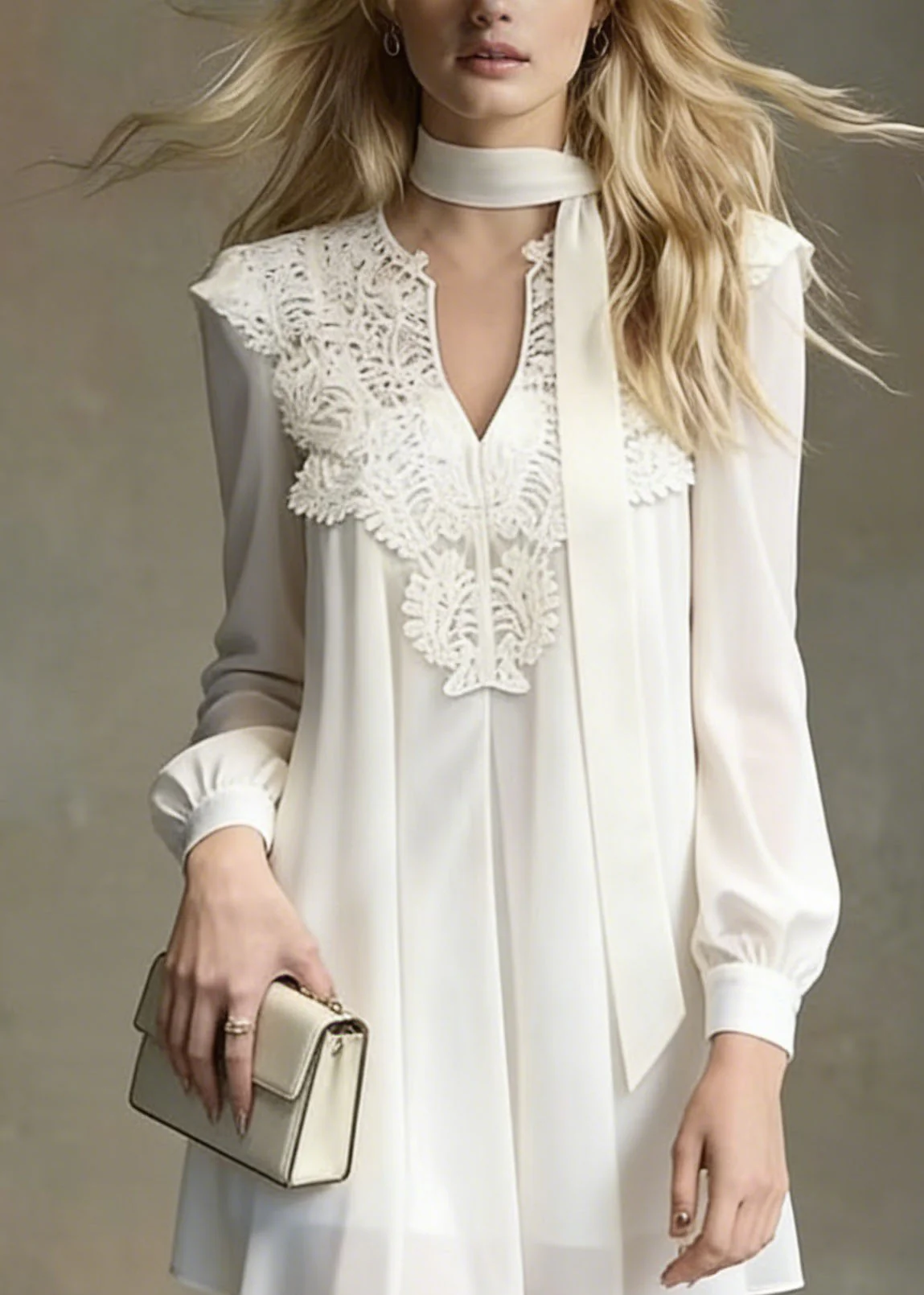 Italian White Lace Patchwork Chiffon Mini Dress Spring - Image 2