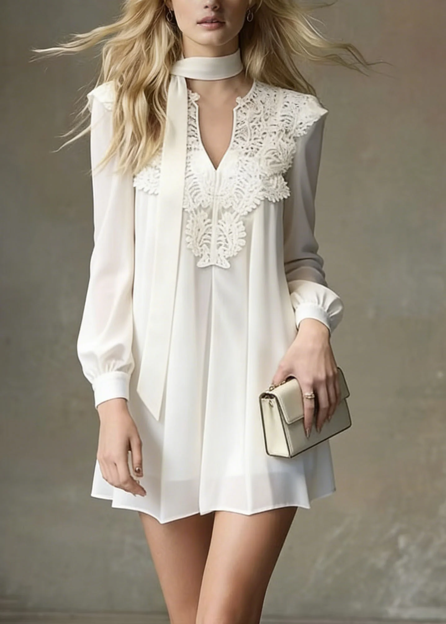 Italian White Lace Patchwork Chiffon Mini Dress Spring - Image 3