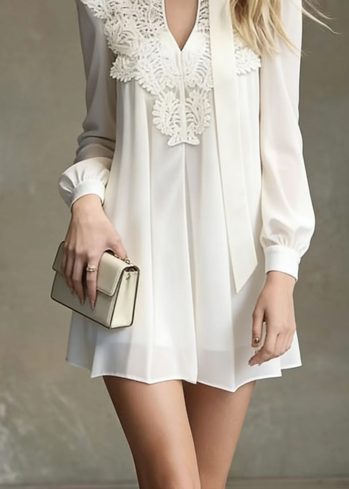Italian White Lace Patchwork Chiffon Mini Dress Spring - Image 4