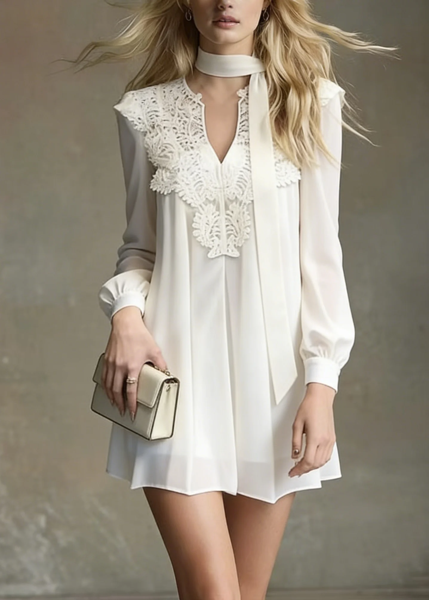 Italian White Lace Patchwork Chiffon Mini Dress Spring - Image 5