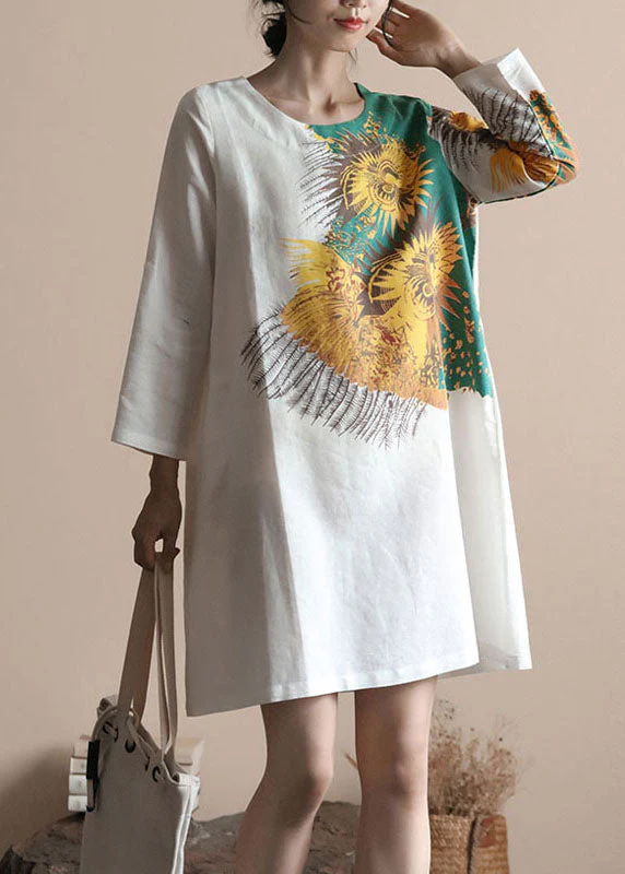 Italian White O Neck Print Patchwork Linen Dresses Spring - Image 2