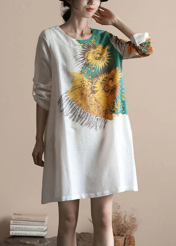 Italian White O Neck Print Patchwork Linen Dresses Spring - Image 3