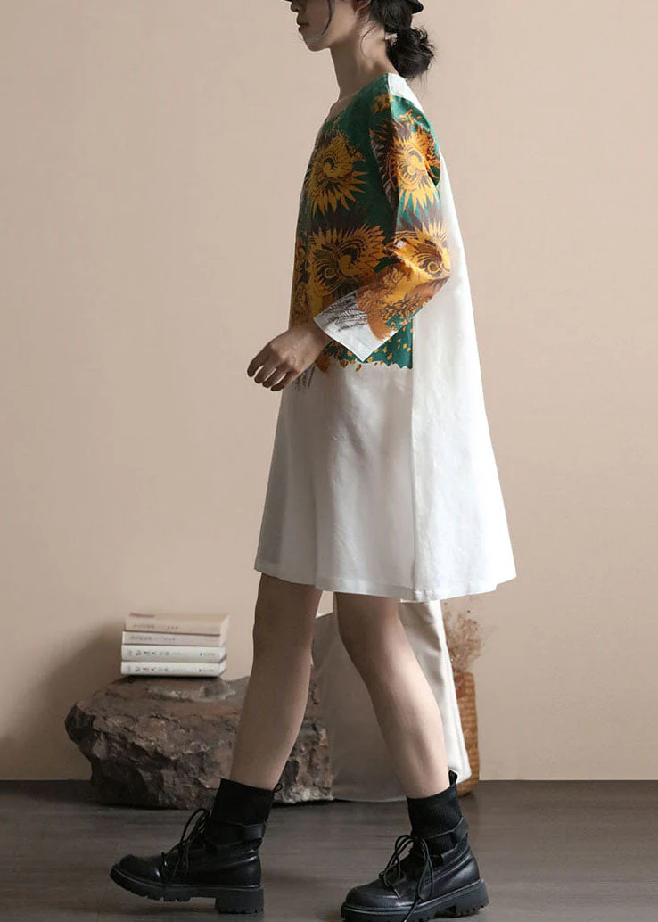 Italian White O Neck Print Patchwork Linen Dresses Spring - Image 4