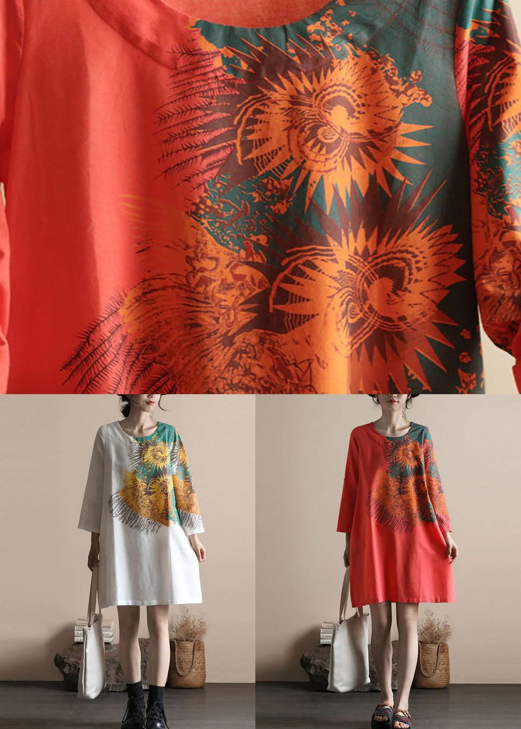 Italian White O Neck Print Patchwork Linen Dresses Spring - Image 5