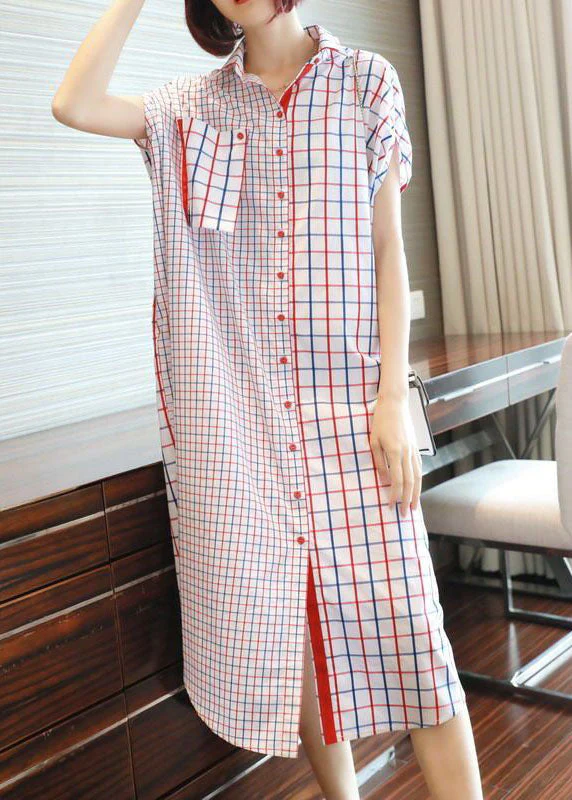 Italian White Oversized Patchwork Plaid Cotton Shirt Dress Summer - Image 3