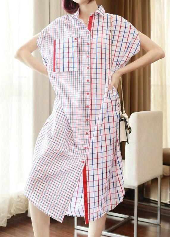 Italian White Oversized Patchwork Plaid Cotton Shirt Dress Summer - Image 4