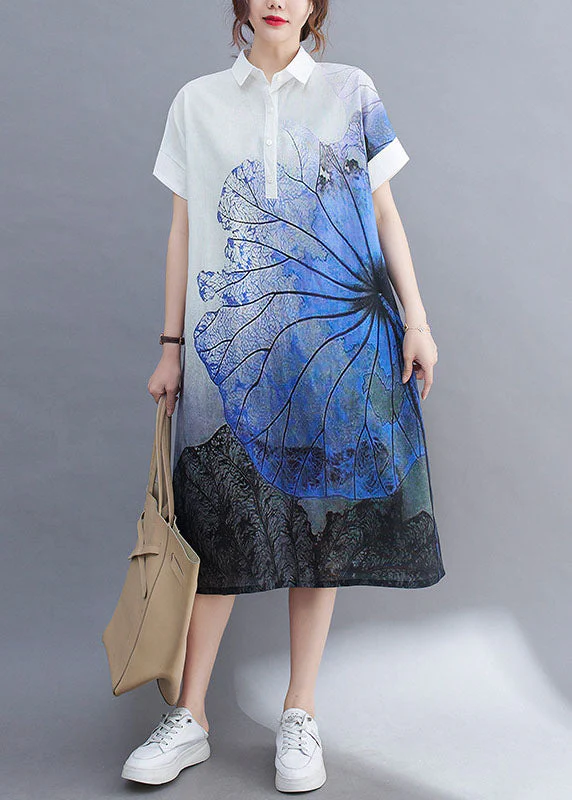 Italian White PeterPan Collar Button Print Loose Summer Short Sleeve Dresses - Image 2